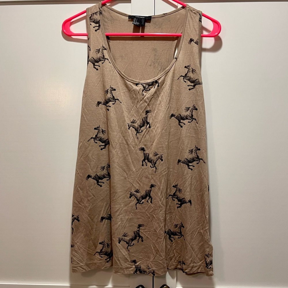 Forever 21 Swing Horse Design Tan & Black Tank, size S